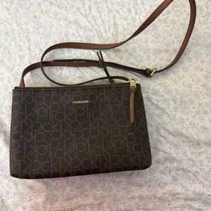 Calvin Klein Dark Brown Logo Crossbody Bag with Gold Accents